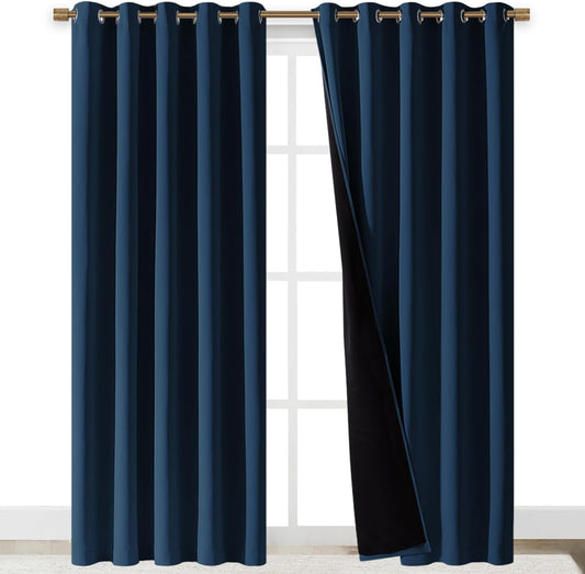 NICETOWN Total Shade Curtains and Draperies, Heavy-Duty Full Light Shading Drapes with Black Liner Backing for Villa/Hall/Dorm Window（Moroccan Blue, Package of 2 Panels, 70" Wide x 95" Long