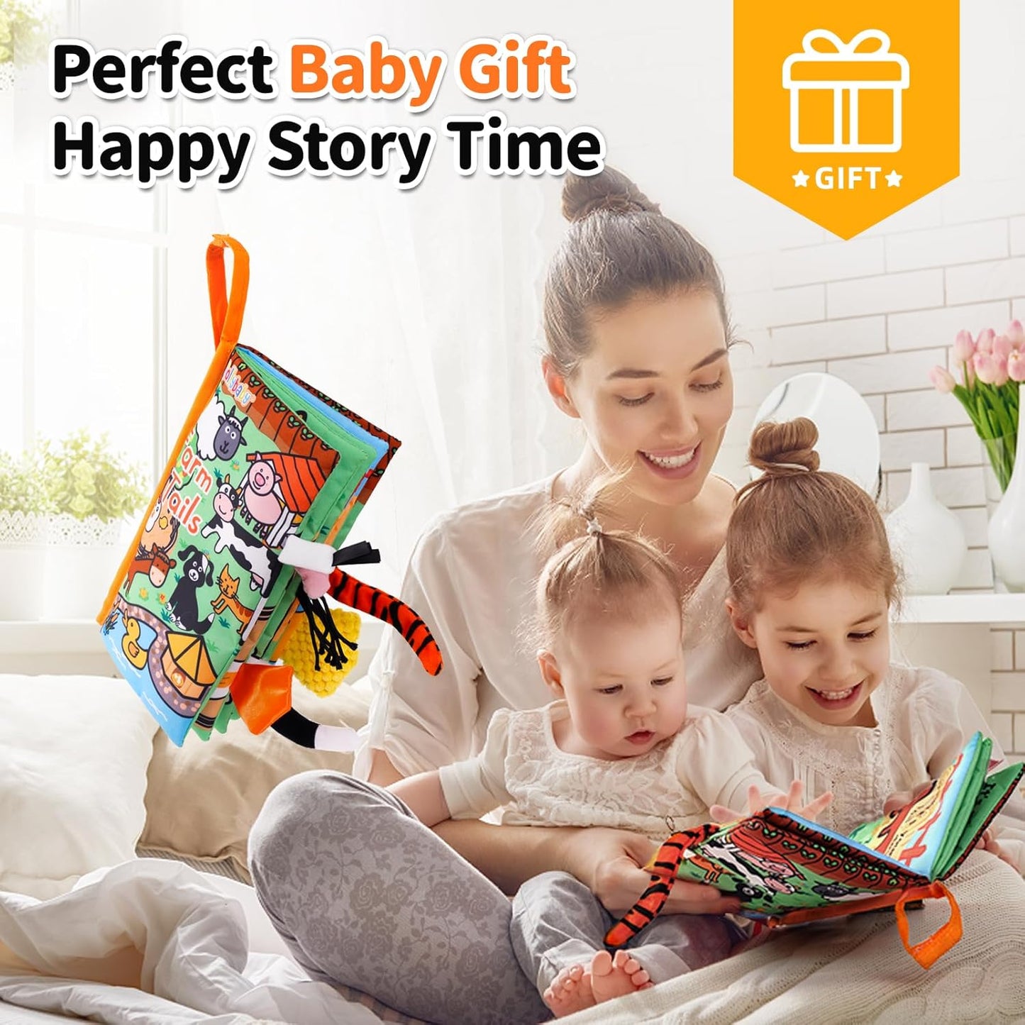 Jollybaby Baby Cloth Books, Touch & Feel Crinkle Soft Books, for Infants Babies, Toddler Early Educational Interactive Stroller Toys, Baby Girl & Boy Gift(Farm Tails)