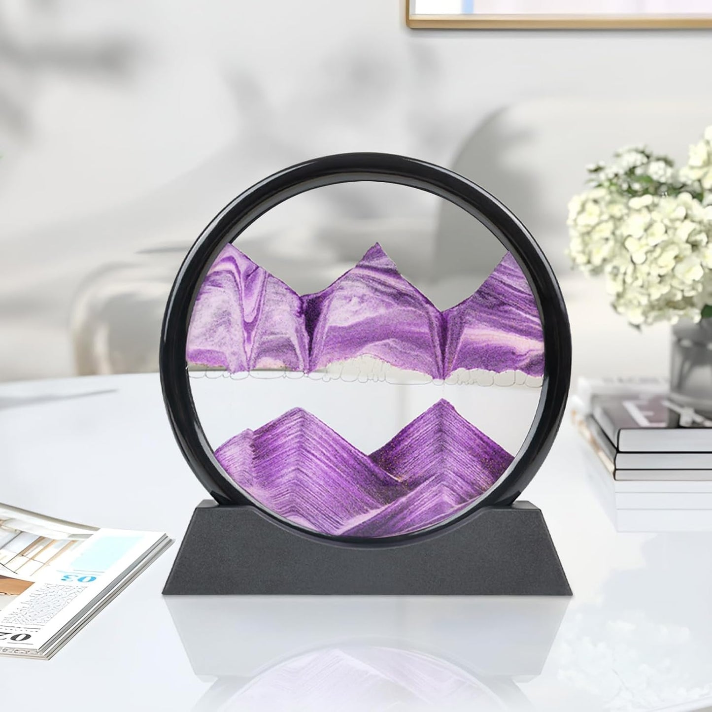 Drakswet Moving Sand Art Liquid Motion，Moving Sand Art Picture-3D Deep Sea Sandscape，Round Glass Frame Display Flowing Sand Relaxing Desktop Home Office Work Decor (Purple)