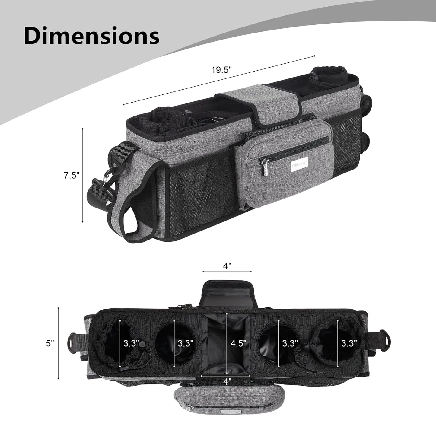 TOPDesign Universal Baby Stroller Organizer, Double Stroller Caddy with Detachable Mesh Bag & Heightened Insulated Cup Holders & Non-Slip Secure Hooks Accessories, Fits Most Strollers (Grey)