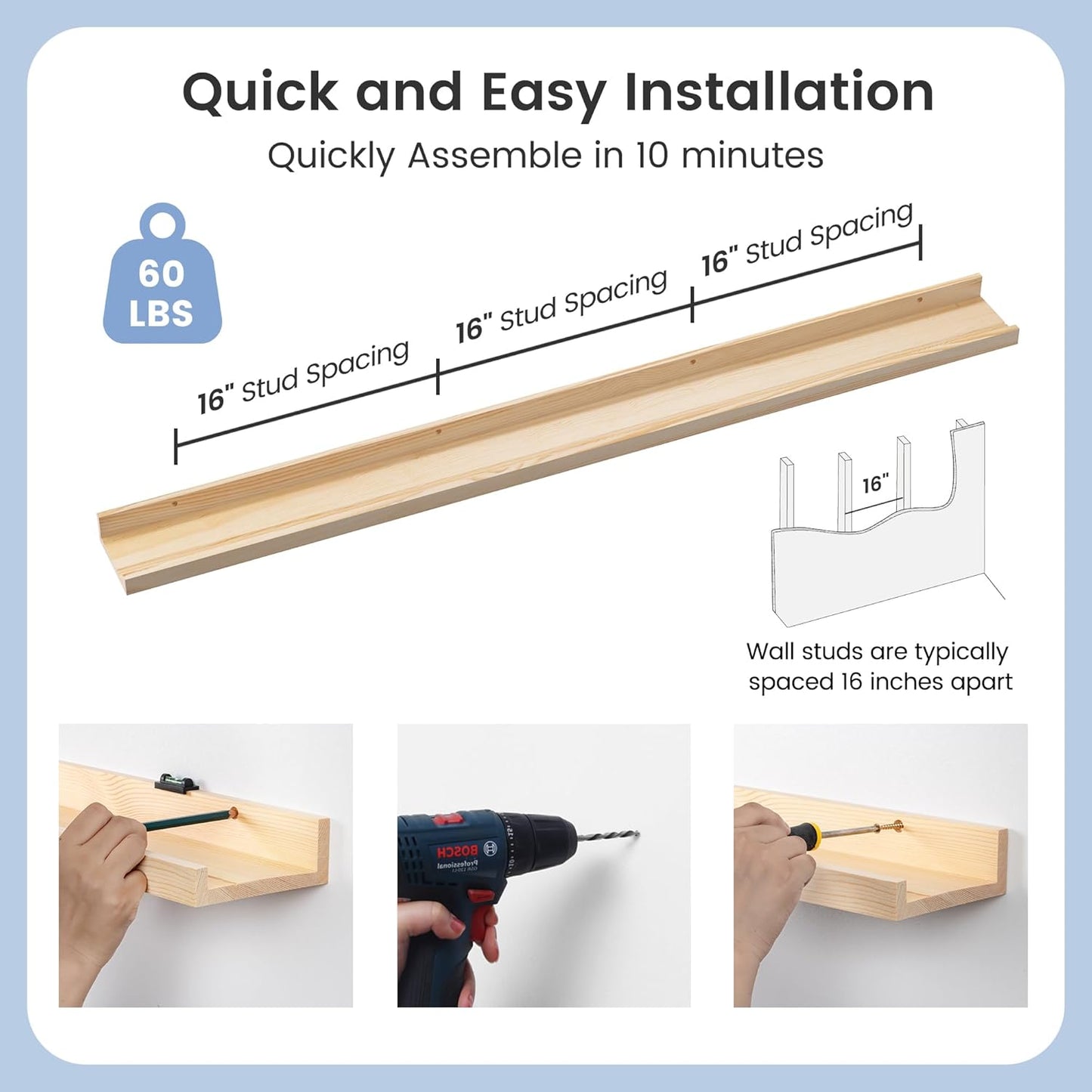 Pine Wood Nursery Book Shelves 3 Pack, Floating Ledge Shelves for Kids' Room, Bedroom, Bathroom, Long Floating Shelves for Wall, Natural