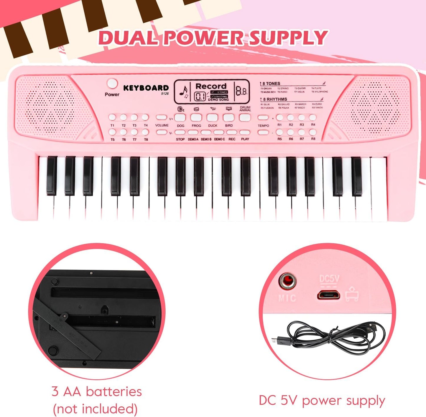 M SANMERSEN Kids Piano Keyboard with Microphone 37 Keys Portable Electronic Keyboards for Beginners Musical Toy for 3/4/5/6 Year Old Girls Boys, Pink