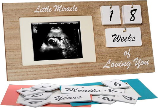 Brown Ultrasound Sonogram Picture Frame with Milestone Tracker – Elegant Wooden Keepsake for Expecting Parents – Nursery Décor Gift for New Moms – Countdown Tiles Included – 12" x 6" Design