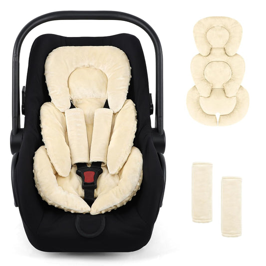 GFU Infant Car Seat Insert Head and Body Support, Reversible Newborn Insert for Carseat with Strap Pads, Soft Stroller Cushion Pillow Insert for Boys and Girls, Fits for Stroller, Swing, Beige