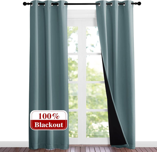 NICETOWN Greyish Blue Blackout Curtains 84 inches Long, Full Light Blocking Drapes with Black Liner for Nursery, Noise Reducing Thermal Insulated Draperies for Doorway (2 Pieces, 37" Wide Each Panel)