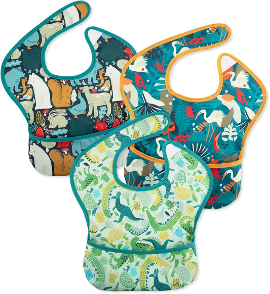 Mess Proof Baby Bib 3 Pack, Waterproof Led Weaning Baby Feeding Bibs with Food Catcher, Travel Feeding Bibs