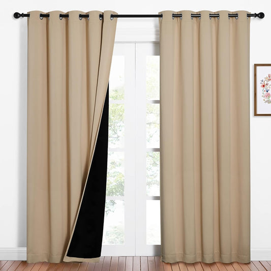 NICETOWN Living Room Completely Shaded Draperies, Privacy Protection & Noise Reducing Ring Top Drapes, Black Lined Insulated Window Treatment Curtain Panels(Biscotti Beige, 2 Pieces, W62 x L84)
