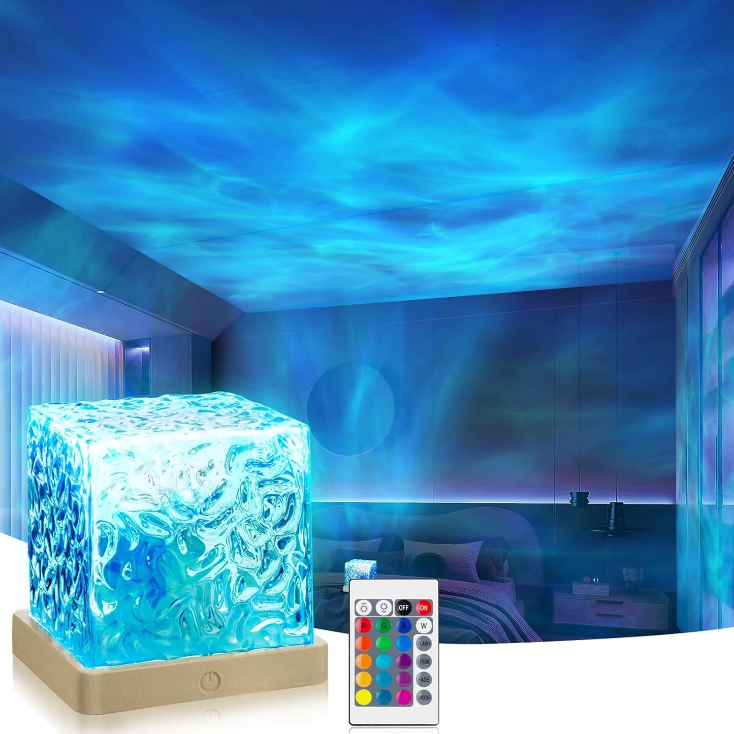 VoMii Ocean Wave Projector Light,16 Colors Luminorthe Cube Lamp with Dynamic Wave Effect,Northern Lights Projector Ambient Lighting with Remote for Bed Room Classroom Decor
