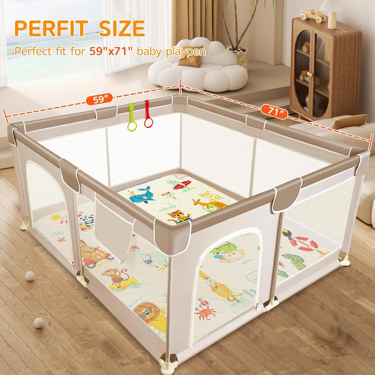 Baby Play Mat - Thicken 71x59 Inch Soft Foam Crawling Mat for Playpen & Floor, Non-Slip Waterproof Playmats for Infants & Toddlers, Portable Foldable & Machine Washable, Beach Animals