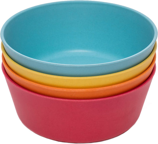WeeSprout Bamboo Kids Bowls, Set of Four 10 oz Kid-Sized Dinnerware, Cereal, Leftovers & Snack Bowl, Dishwasher Safe (Blue, Yellow, Orange, & Red, 10 Oz)