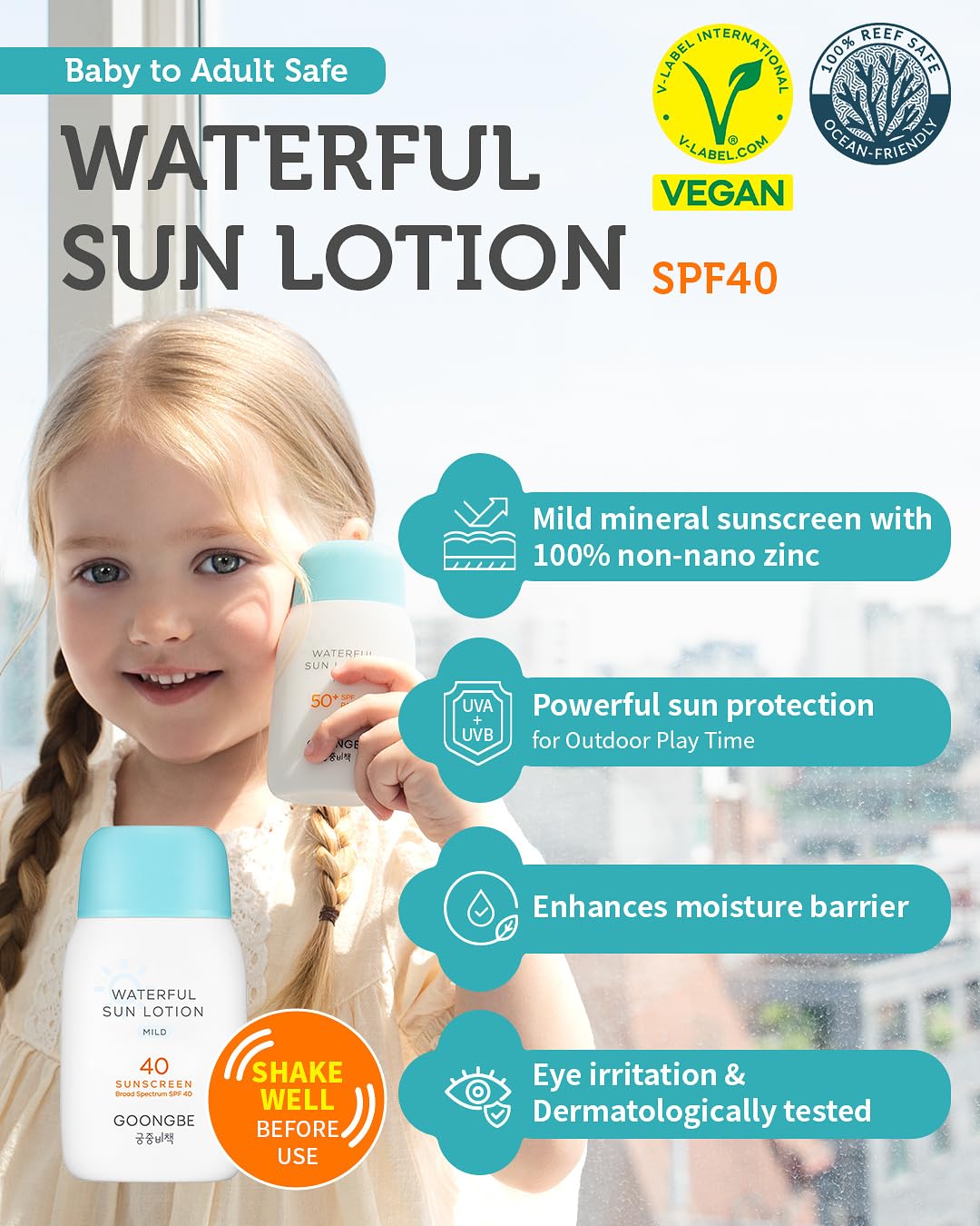 Baby Kids Waterful Sun Lotion SPF 40 & Mild Soothing Gel - Zinc Oxide Mineral Sunscreen & After Sun Relief - Korean Skincare for Sensitive Skin - Vegan Hypoallergenic, 2.82oz & 5.07oz