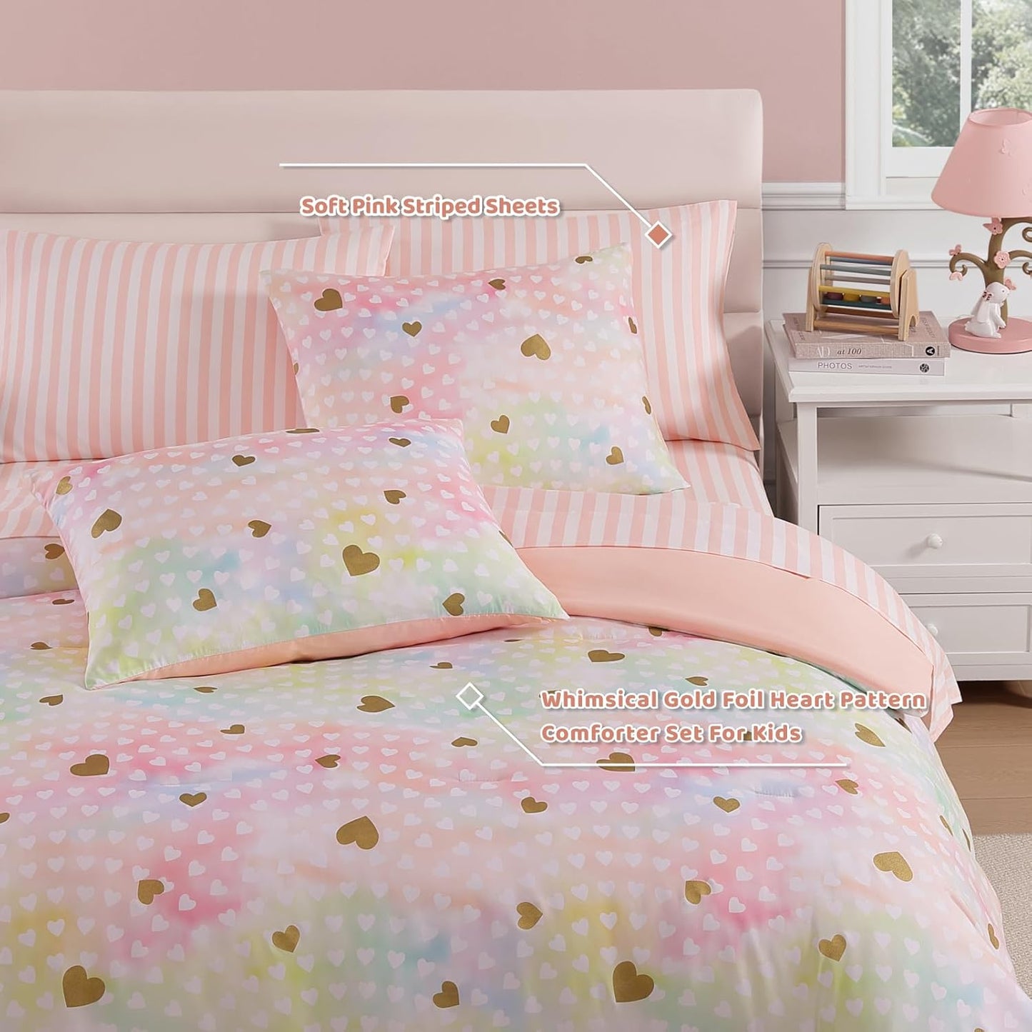 Queen Comforter Set with Sheets for Girls-7 Pieces Queen Bedding Sets with Pink Comforter, Sheets, Pillowcases & Shams for Kids (Colorful Gold Heart, 90" X 90")