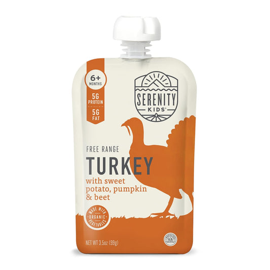 Serenity Kids 6+ Months Turkey Puree Baby Food Pouches - Ethically Sourced BPA-Free Pumpkin Puree & Organic Veggies - 3.5 Oz, 12 Pack