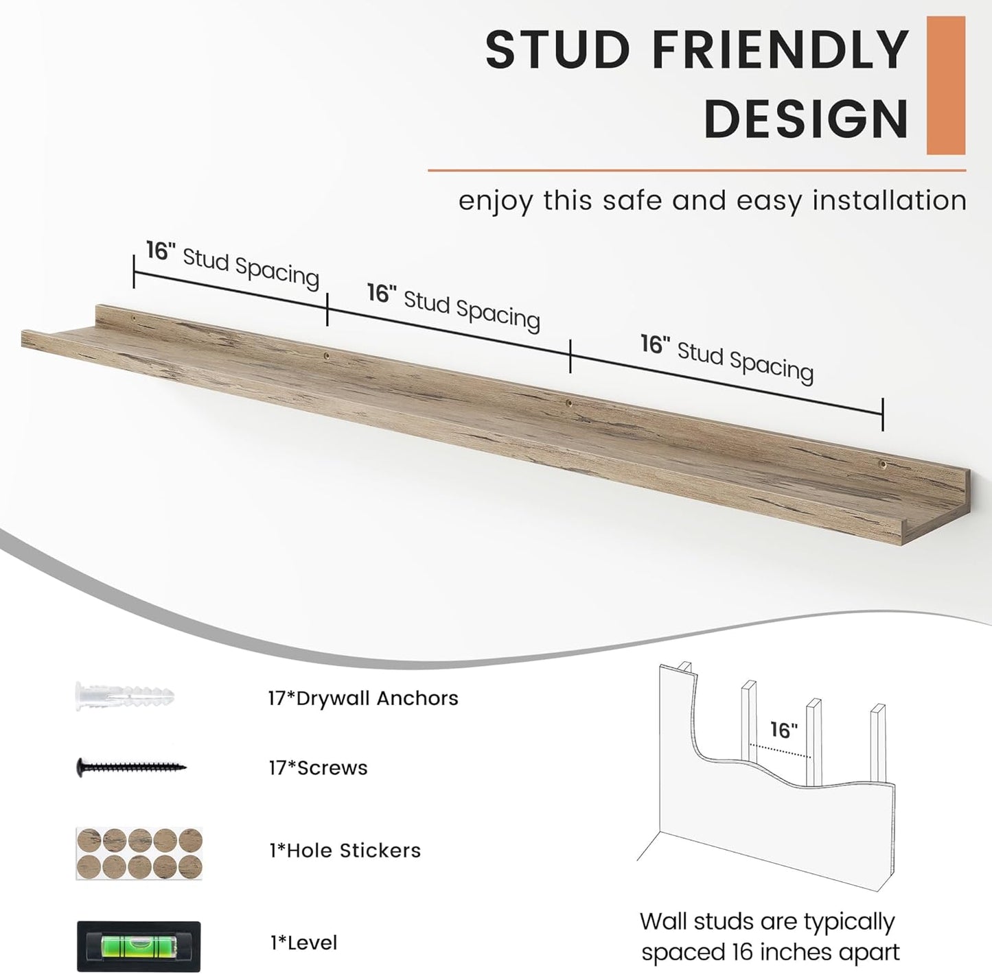 Floating Picture Ledge Shelves for Wall Set of 4, 56 Inch Wall Shelves with Lip Long Large Nursery Book Shelf for Toys Storage Kids Bookshelf Wall Mounted Living Room Bedroom Decor Frames