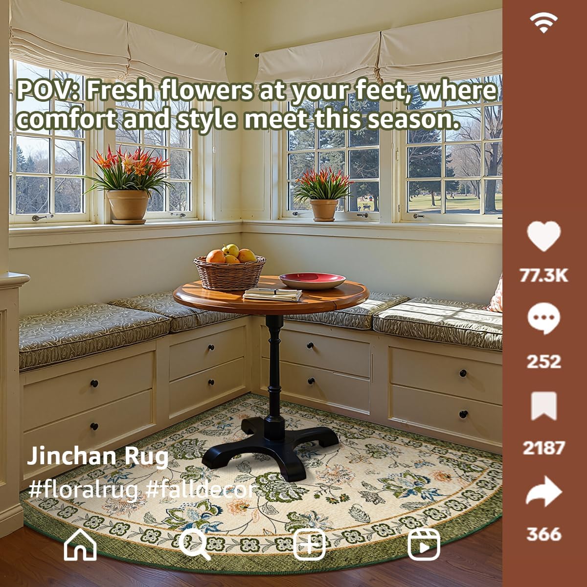 jinchan Floral Corner Rug for Kitchen Washable Nursery Rug Vintage Romance Design Non Slip Quarter Circle Lightweight Low-Pile Throw Carpet for Playroom Reading Nook Office, 5ft Radius, Green/Beige