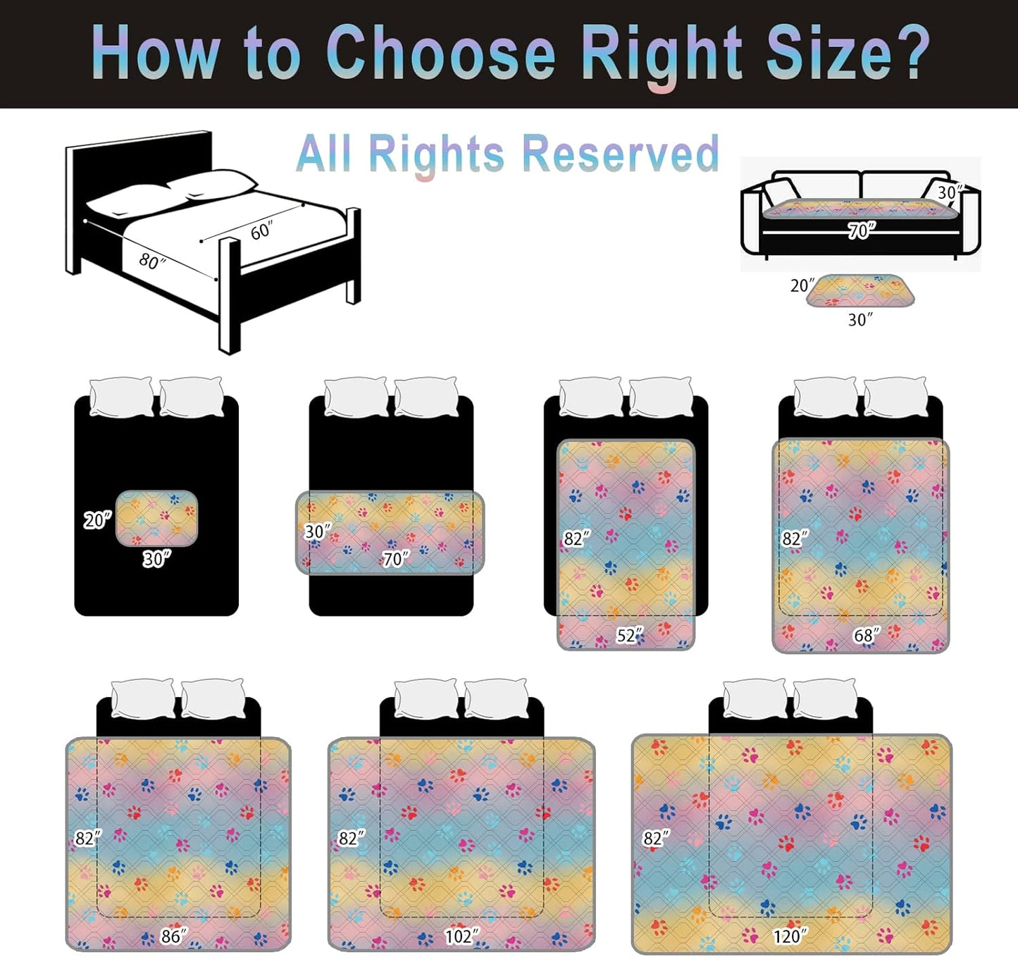 100% Waterproof Dog Bed Cover 52x82 inch Reversible Changing Pad Reusable Camping Mat for Kids/Pet/Dog/Cat Washable Geometric Embroidery Blanket Patchwork Rainbow Dog Paw Printed+Gray