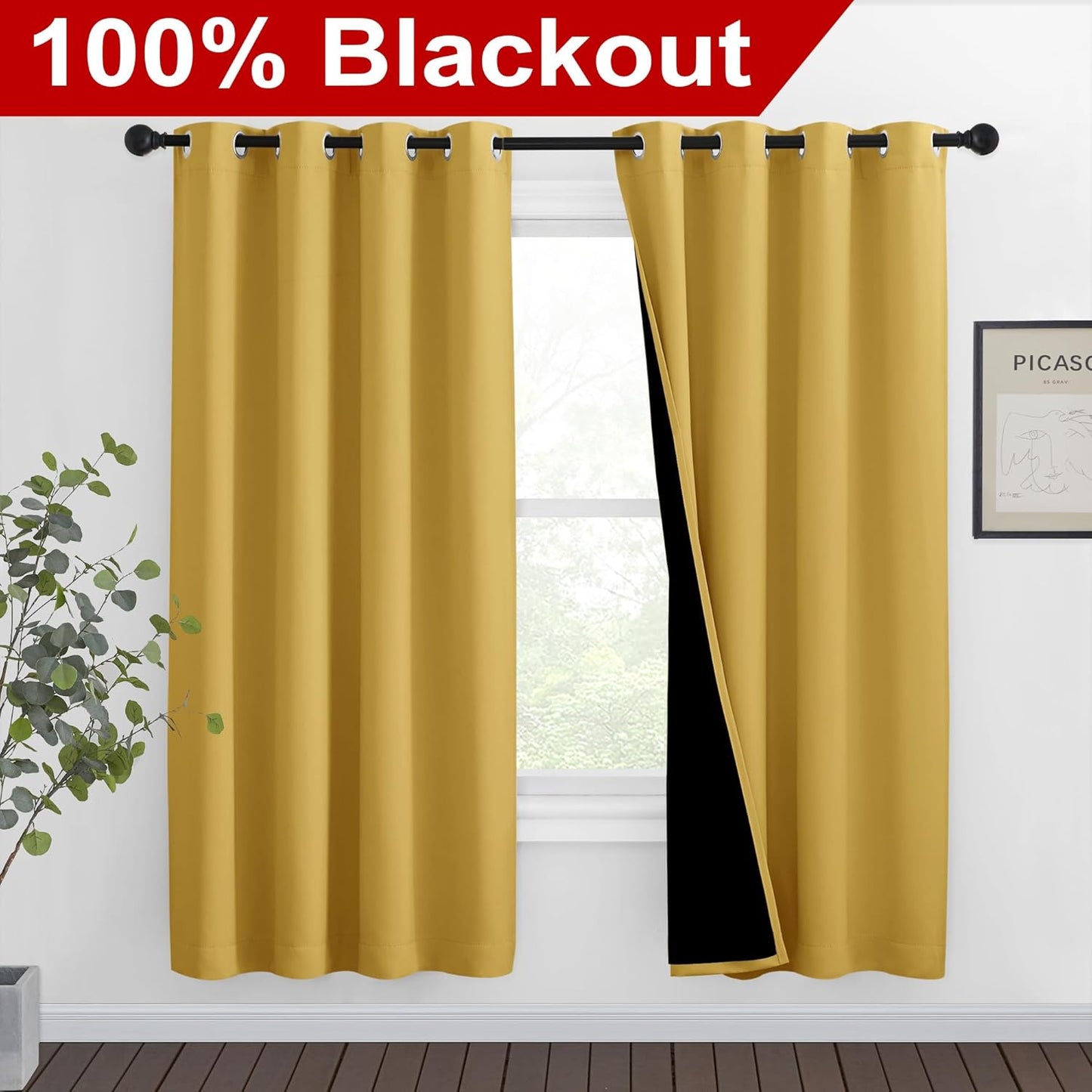 NICETOWN Bright Yellow Full Shade Curtain Panels, Pair of Thermal Insulated & Energy Efficiency Blackout Drapes for Living Room Windows, Lined Silky Performance Window Dressing (46" Wide x 72" Long)