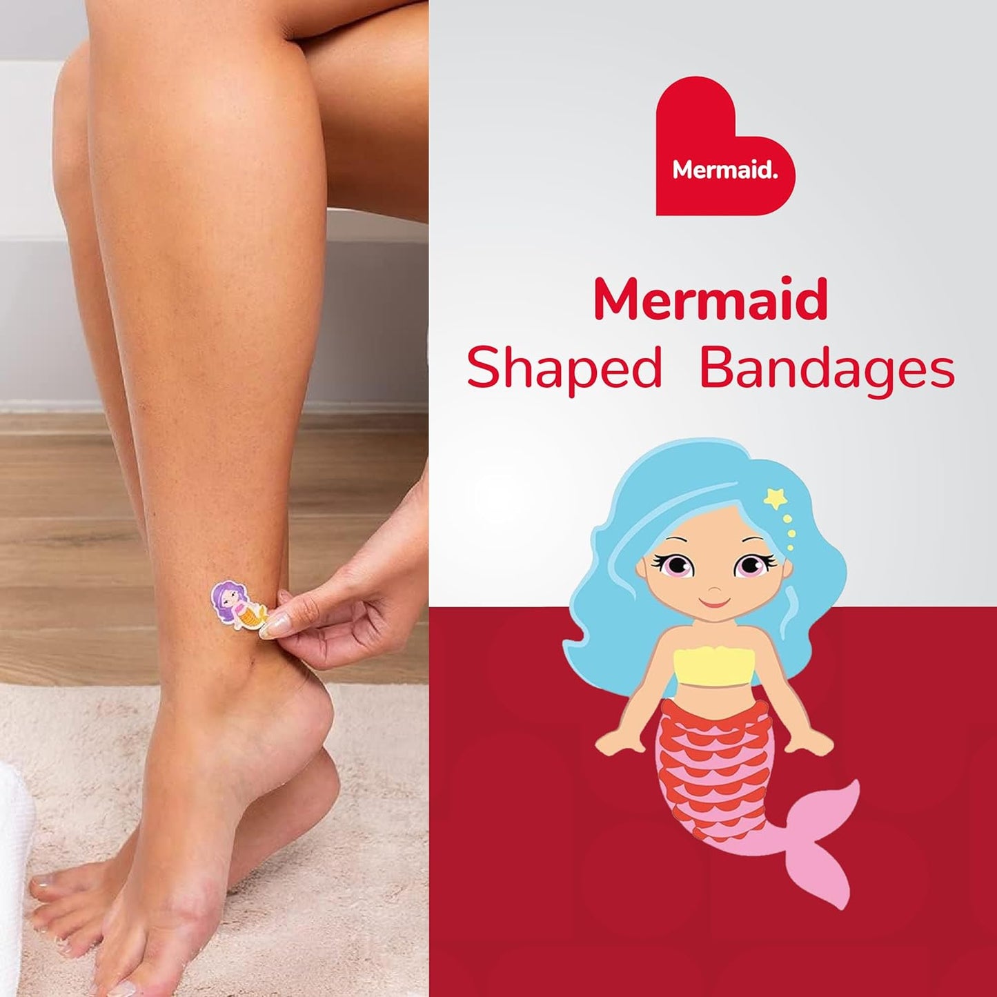 BioSwiss Bandages, Mermaid Shaped Self Adhesive Bandage, Latex Free Sterile Wound Care, Fun First Aid Kit Supplies for Kids, 50 Count
