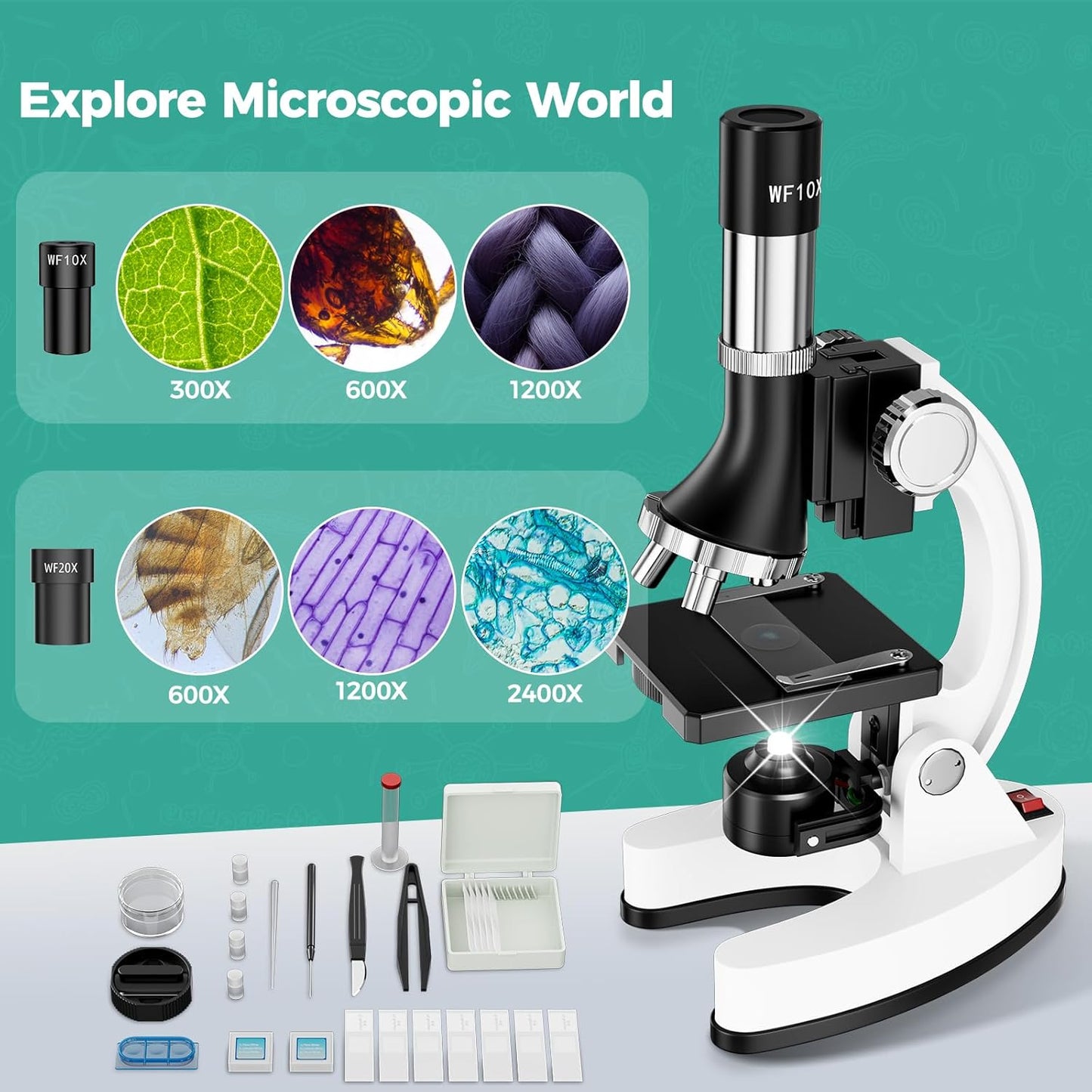 2400X Kids Microscope Science Kit - Handheld Microscope for Kids with Prepared Slides Metal Body LED Light Carrying Box Educational Compound Toy Set for Children Ages 8-12 5 Year Old Boys & Girls Gift
