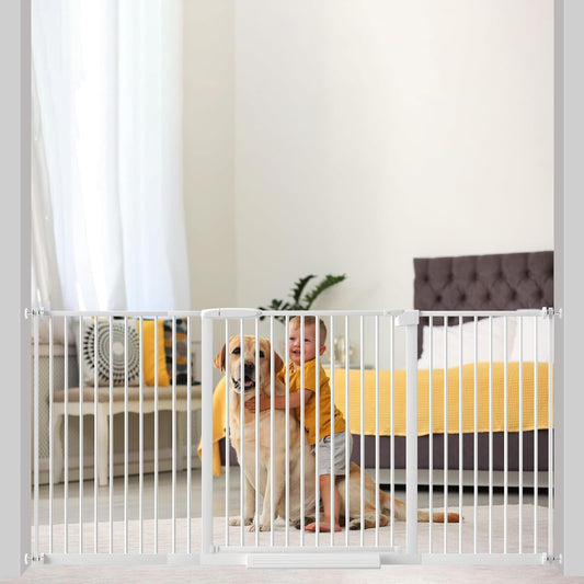 Extra Wide Baby Gate 30.11-77.36",Ultra Narrow 1.37" Spacing Dog Gate indoor,Double Lock Auto Close Pet Gate for House,Pressure Mounted Baby Gate Easy Walk Through Pet Gate for Hallway(White)