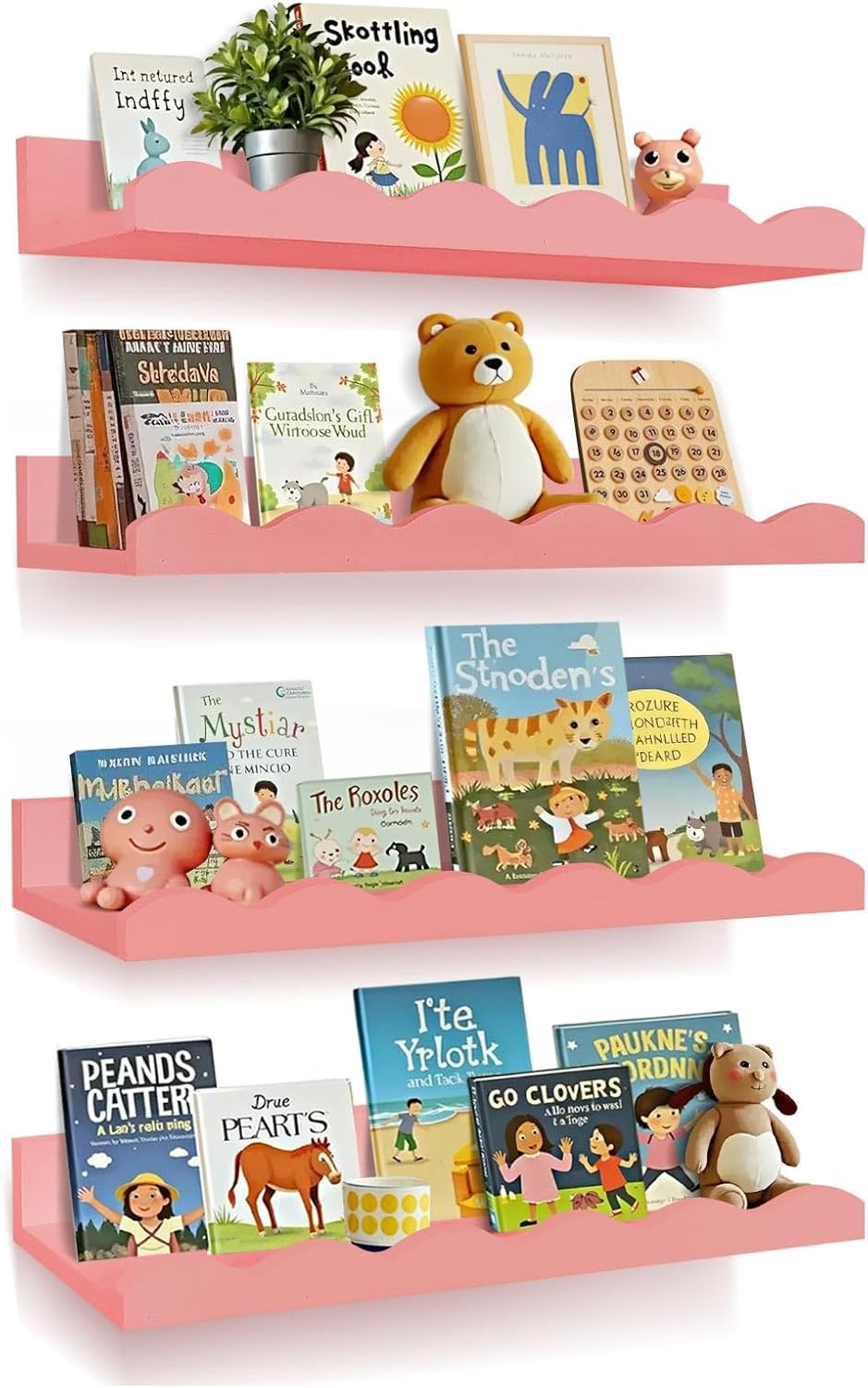 Nursery Book Shelves, 4 Pack Pink Floating Shelves for Wall, Wood Scalloped Shelves for Storage Books, Wall Book Shelf for Kids Rooms, Bedroom, Toddler Room, Baby Room, Nursery Decor