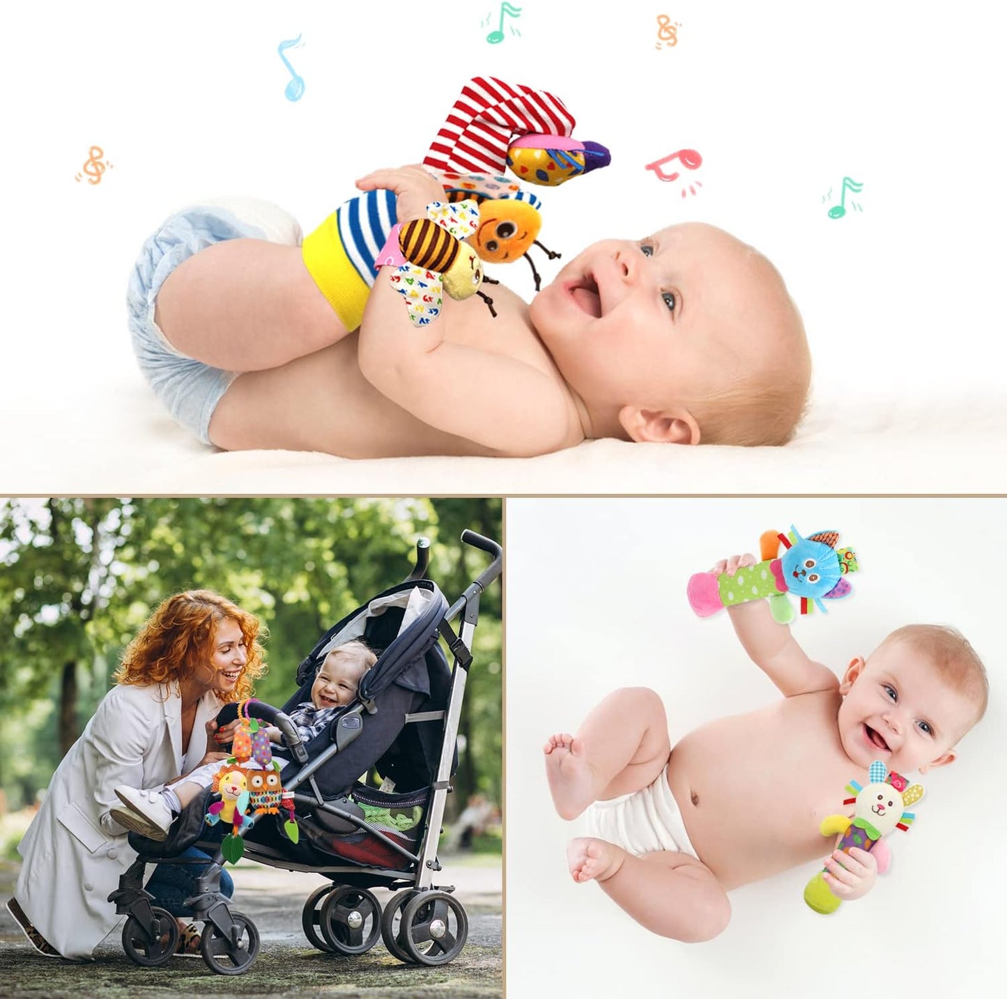 BLOOBLOOMAX Baby Soft Hanging and Wrist Rattle Toy, Car Seat Stroller Toys with Plush Animal C-Clip Ring for Infant Babies Boys and Girls 3 to 12 Months (12PCS-G)