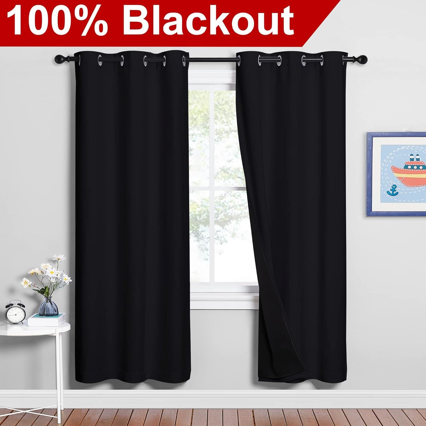 NICETOWN 100% Blackout Window Curtain Panels, Full Light Blocking Drapes with Black Liner for Nursery, 72 inches Drop Thermal Bedroom Drapes and Curtains (Black, 2 Pieces, 42 inches Wide Per Panel)