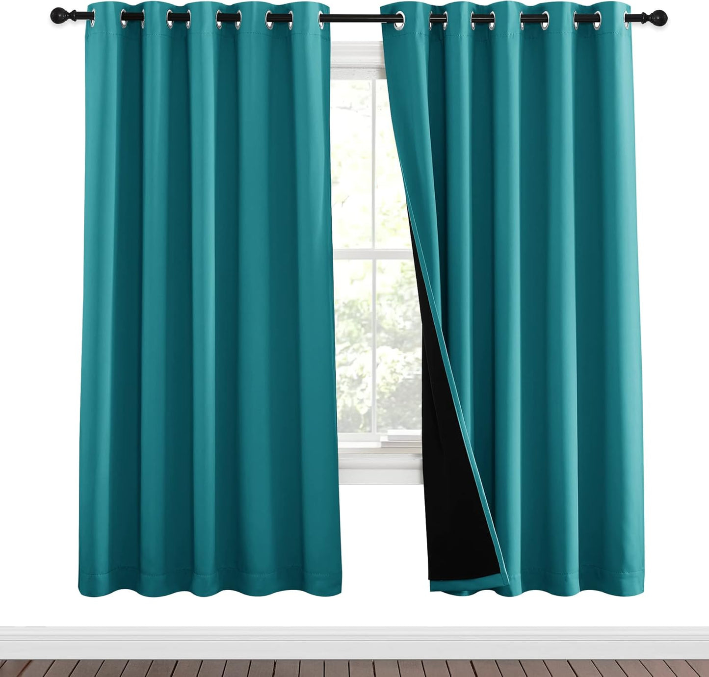 NICETOWN 100% Blackout Window Curtain Panels, Full Light Blocking Drapes with Black Liner for Nursery, 72-inch Drop Thermal Insulated Draperies (Peacock Teal, 2 Pieces, 62-inch Wide Per Panel)