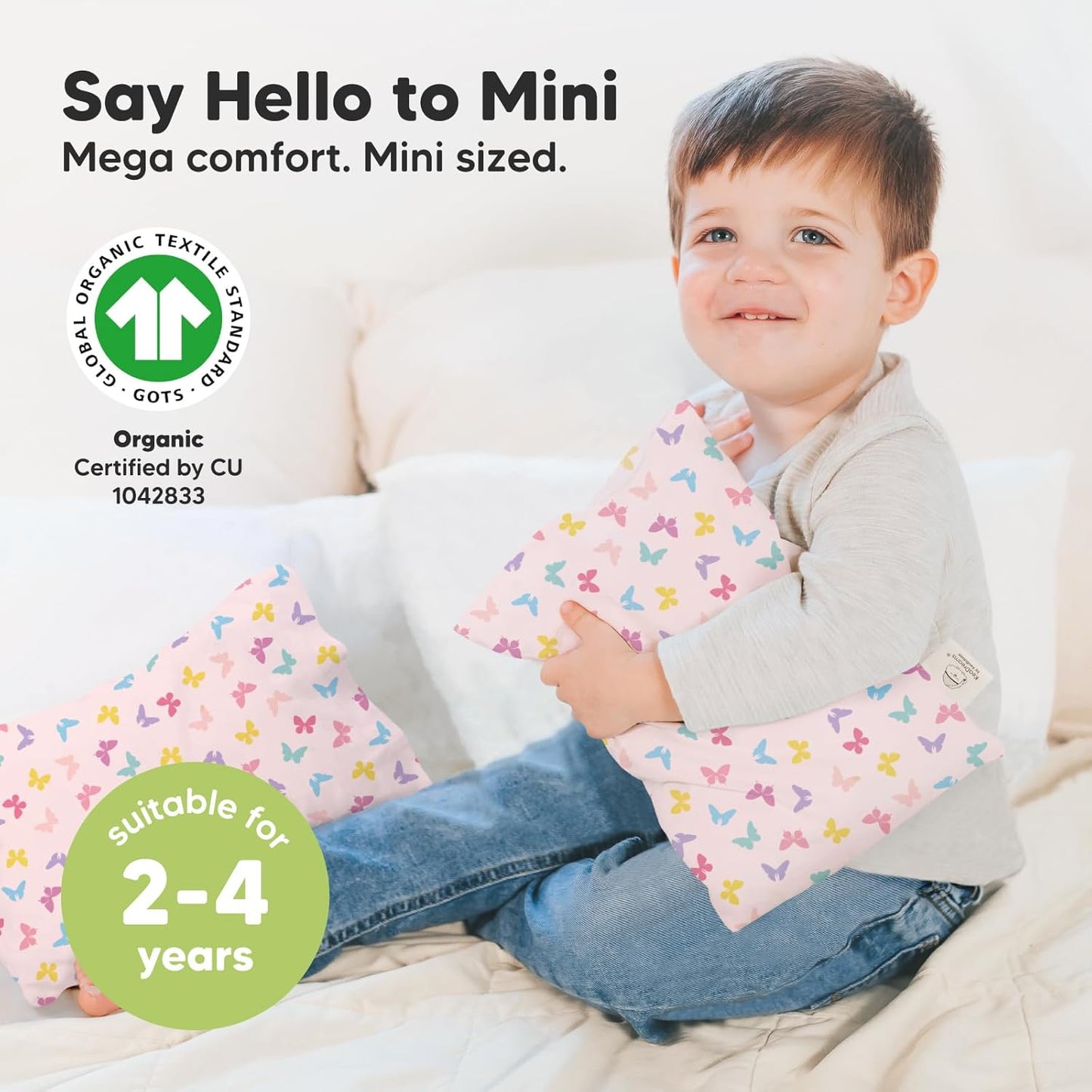 Mini Toddler Pillow with Pillowcase - 9x13 My Little Dreamy Travel Kids Pillow for Sleeping, Toddler Bed, Small, Tiny, Organic Cotton Pillowcase, Soft & Breathable, Kids 2-4 Years Old (Flutter)