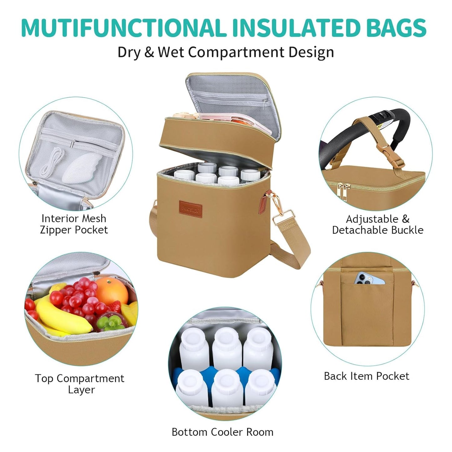 PIIOSER Breastmilk Cooler Bag with Ice Pack Fits 6 Baby Bottles Up to 9 Ounce, Insulated Baby Bottle Tote Bags, Double Layer Waterproof Leak-Proof with Shoulder Strap for Nursing & Working Mom (Brown)