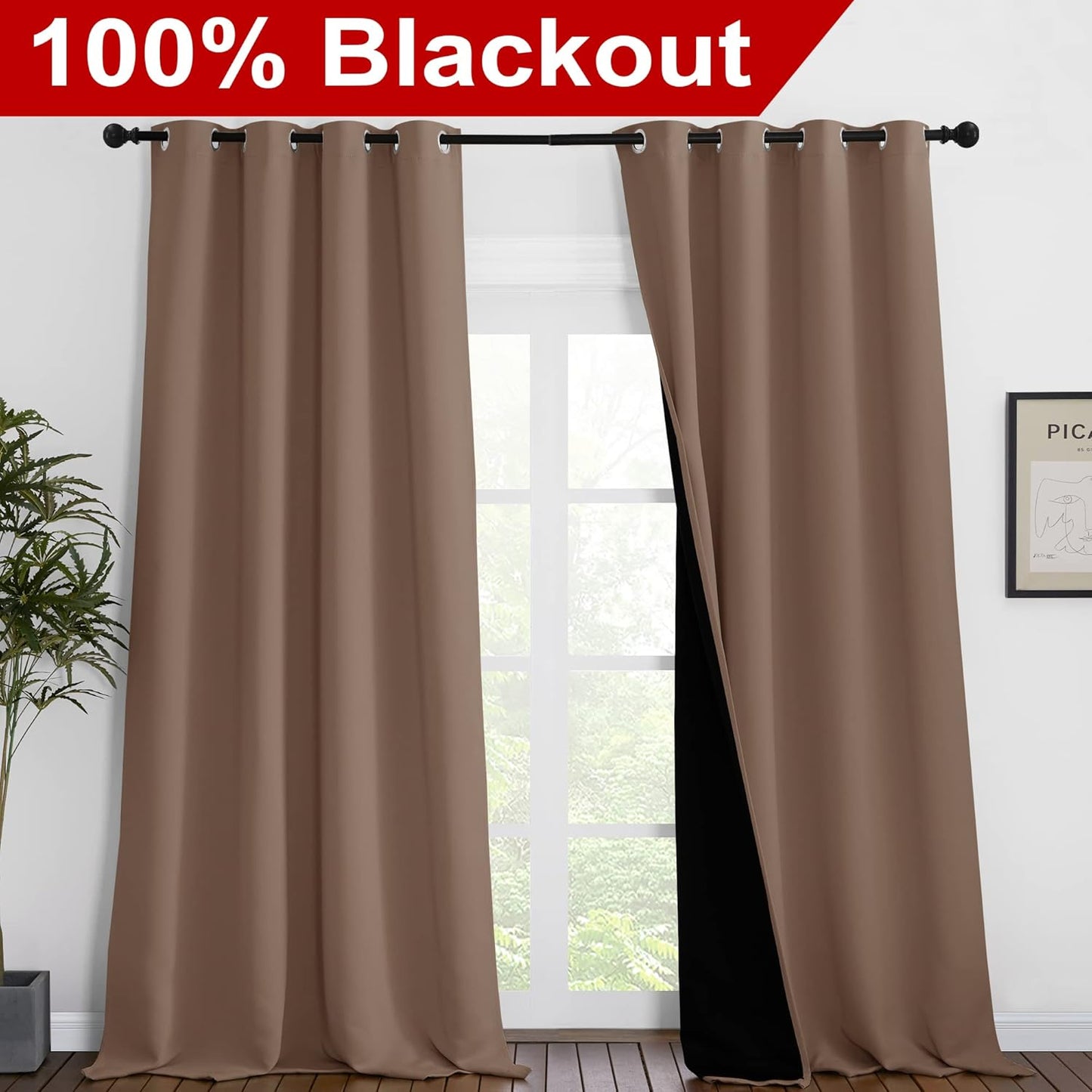 NICETOWN Complete Blackout Cold Blocking Shades for Large Window Door, 100% Blackout Window Curtain Panels with Black Lined, 55 inches Width Each Panel, 96 inches Length, Cappuccino, Double Pieces