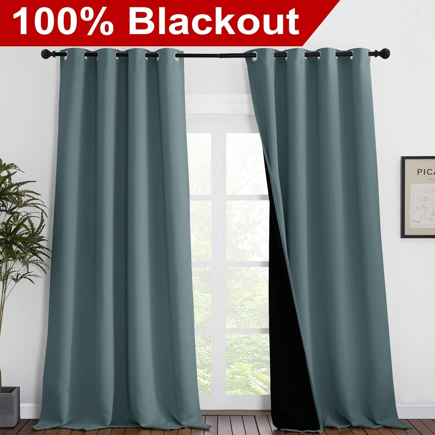 NICETOWN Full Shading Curtains 96 inches Long 2 Panels Set for Windows, Super Heavy-Duty Black Lined Blackout Curtains for Bedroom, Privacy Assured Window Treatment (Greyish Blue, 55 inches W)