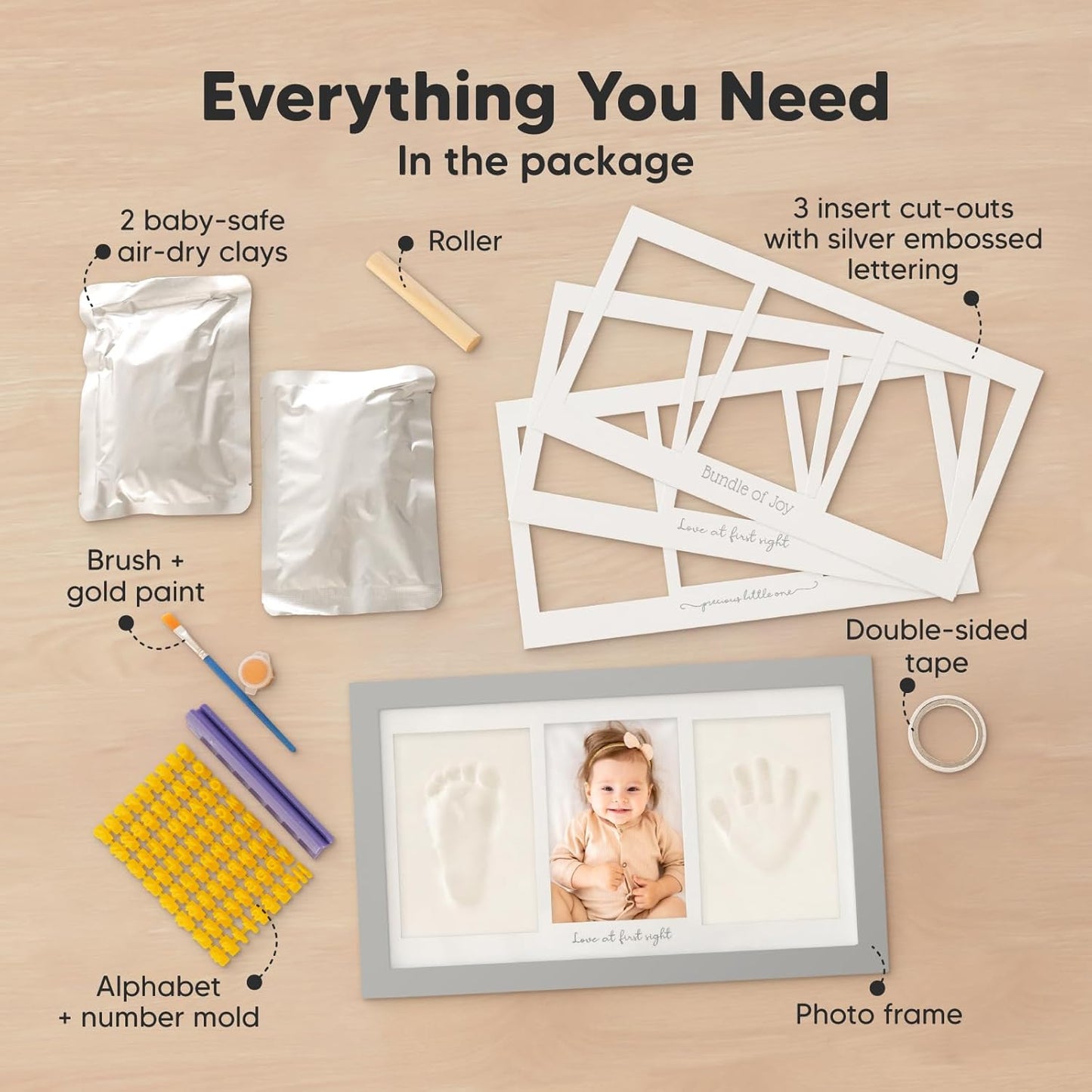 Baby Hand and Footprint Kit - Clay Handprint Keepsake Frame, Newborn Nursery Picture Frame, Personalized New Mom Gifts for Baby Shower & Registry (Cloud Gray)