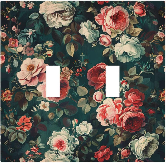 Decorative Switch Plates Baroque Vintage Peony Flower Floral 2 Gang Double Toggle Outlet Light Switch Cover Wall Plate Electrical Faceplate for Bedroom Farmhouse Decor