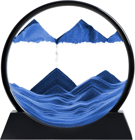 KPNUWN Moving Sand Art Liquid Motion, 3D Deep Sea Sandscape Color Quicksand Decor, Round Glass Moving Sand Art Picture Relaxing Desktop Home Office Work Decor (12 inch-Blue)