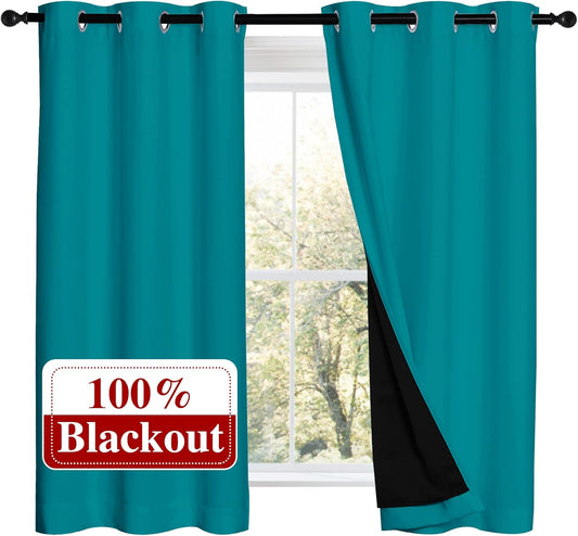 NICETOWN 100% Blackout Curtains 54 inches Long, Double-Deck Completely Blackout Window Treatment Thermal Insulated Lined Drapes for Small Window (Peacock Teal, 1 Pair, 42 inches Width Each Panel)