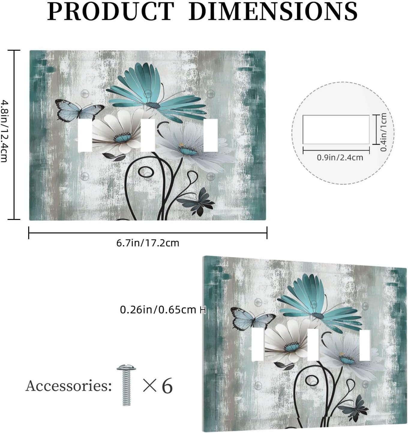 Decorative Switch Plates Rustic Teal Daisy Floral Flowers Butterfly Wood Grain 3 Gang Wall Plate Triple Toggle Light Switch Cover Faceplate Electrical Wall Panels for Bathroom Bedroom Decor