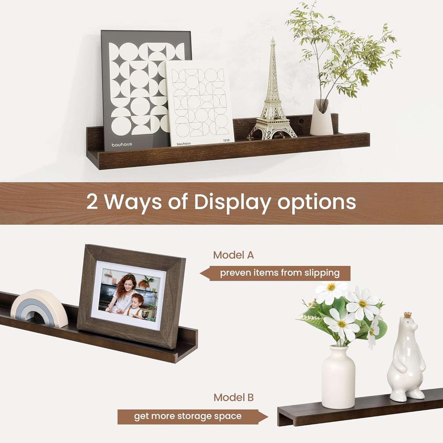 Picture Ledge Shelf, Solid Pine Wood Floating Shelves Set of 4, 16 Inches Nursery Book Shelves for Toys Storage, Kids Bookshelf Wall Mounted for Living Room Decor Photo Frames, Walnut