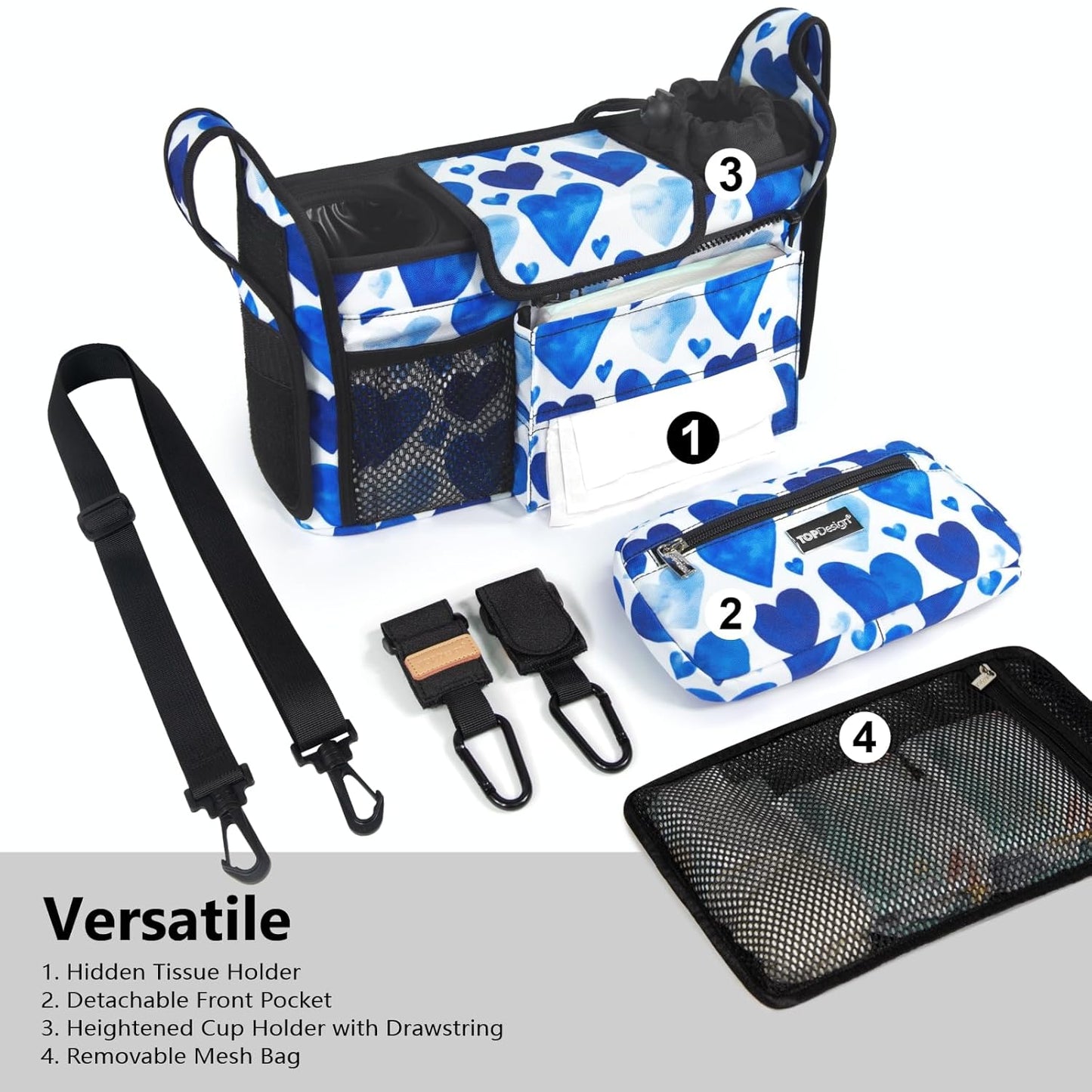 TOPDesign Universal Baby Stroller Organizer, Stroller Caddy with Detachable Mesh Bag & Heightened Insulated Cup Holders & Non-Slip Secure Hooks Accessories, Fits Most Strollers (Love)