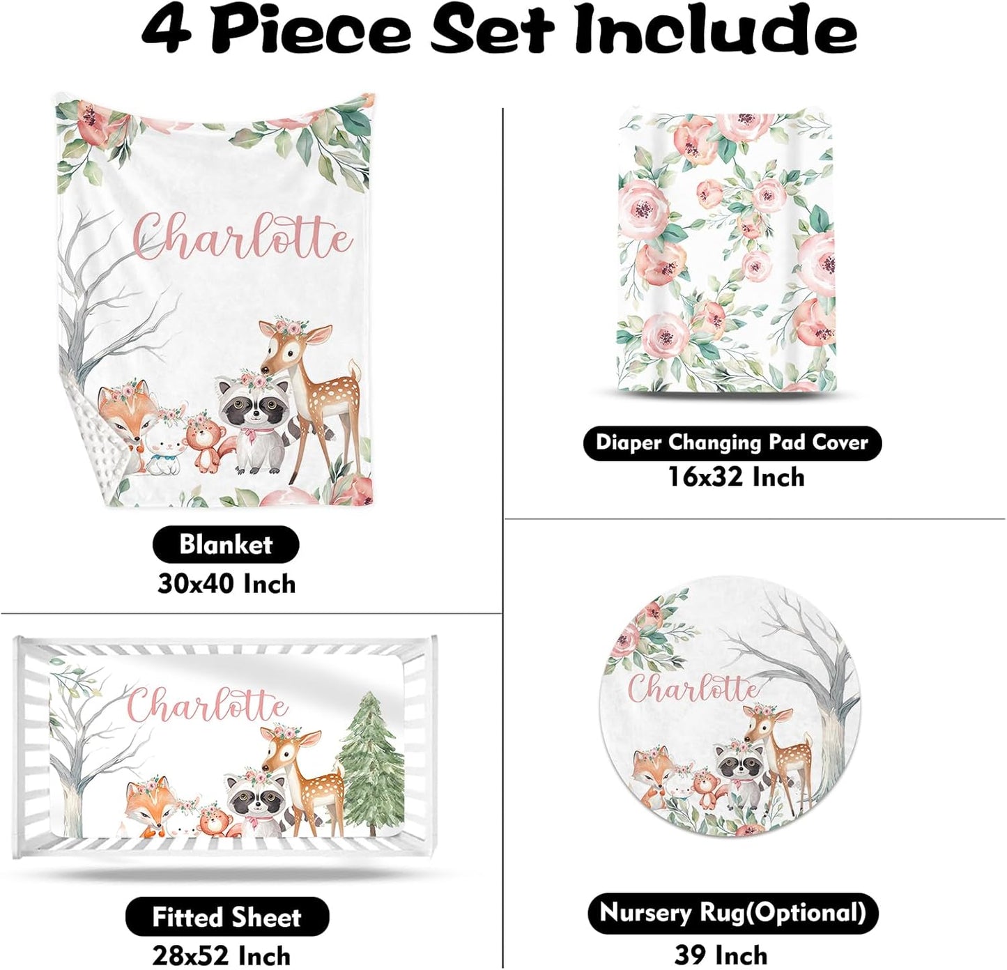 Custom Nursery Crib Bedding Set: Personalized Name 4 Piece Sika Deer & Fox Pattern Baby Crib Sets for Girls - Toddler Double Layer Blanket Set, Comfortable Crib Bed Sheets for Baby Toddlers