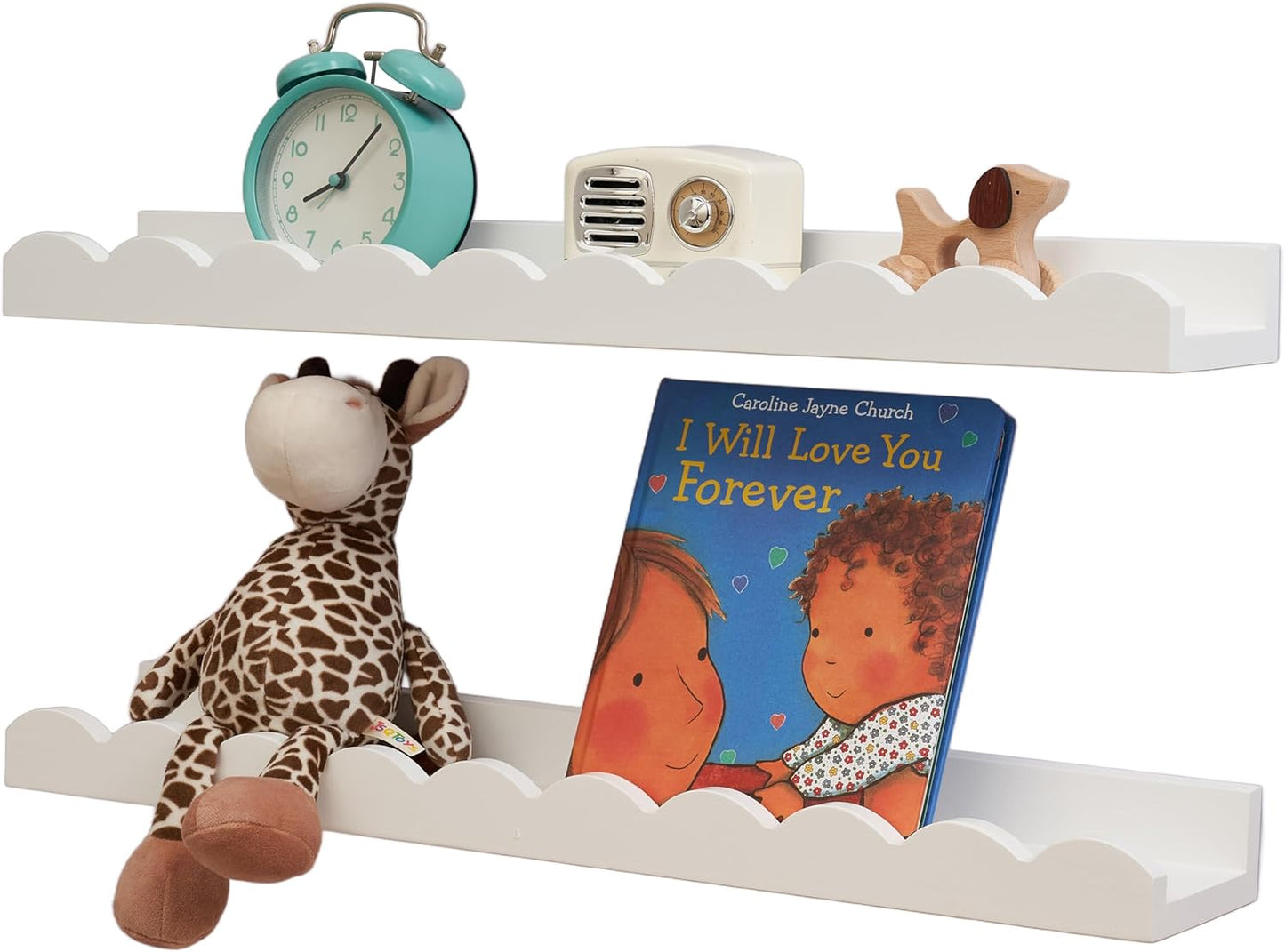 Nursery Book Shelves, Scalloped Floating Shelves 24inch Set of 2 Solid Pine Wood Wall Mounted Bookshelf with Wave Lip for Bedroom Kids, Toddler Room, Baby Room