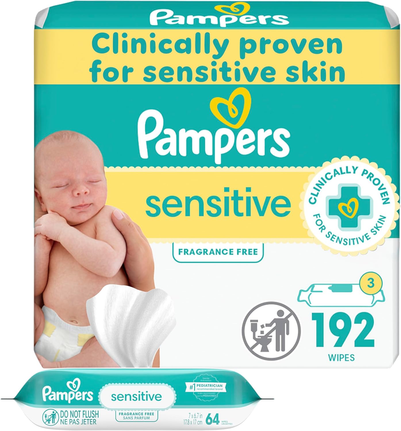 Pampers Baby Wipes Sensitive, Water Based Wipes, Hypoallergenic and Unscented Wipes, 192 Wipes Total (3 Refill Packs)