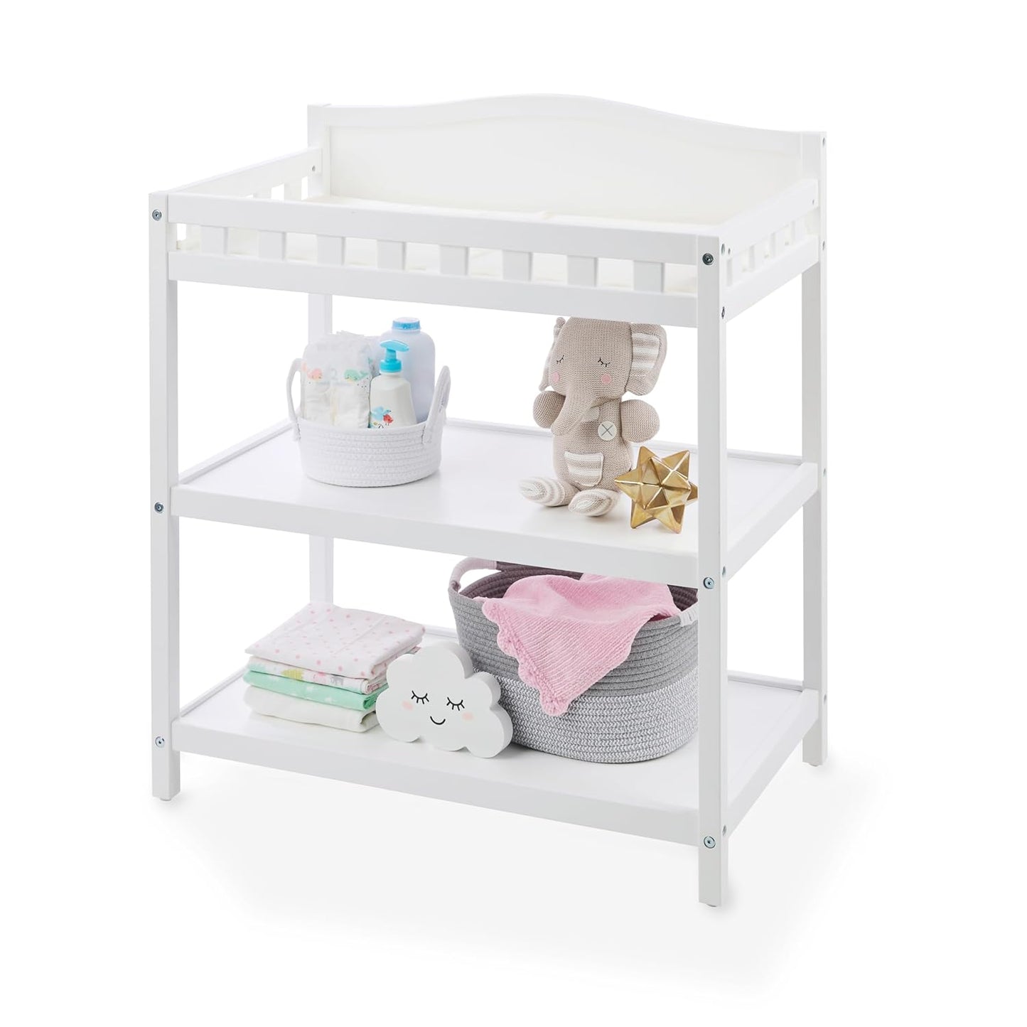 Badger Basket Baby Changing Table with Pad & Shelves - Wooden Changing Table with Storage - Nursery Change Table for Diapers & Baby Essentials, White