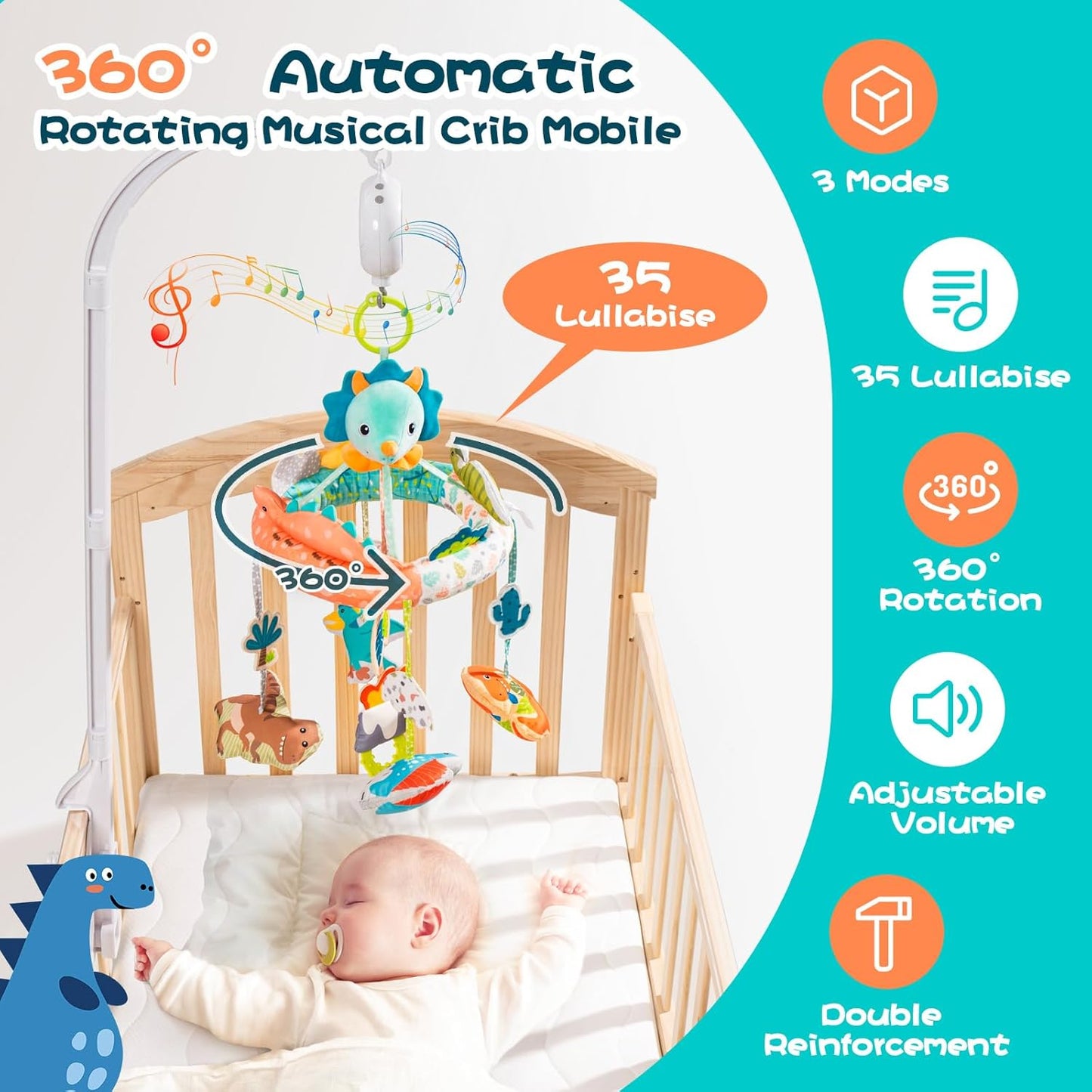 Jollybaby Nursery Baby Automatic Rotating Dinosaur Crib Mobile with Music Box & Arm, Montessori Sensory Musical Hanging Toy for Bassinet, Newborn Clip on Crib Mobile Soother Toy Gift, Polyester
