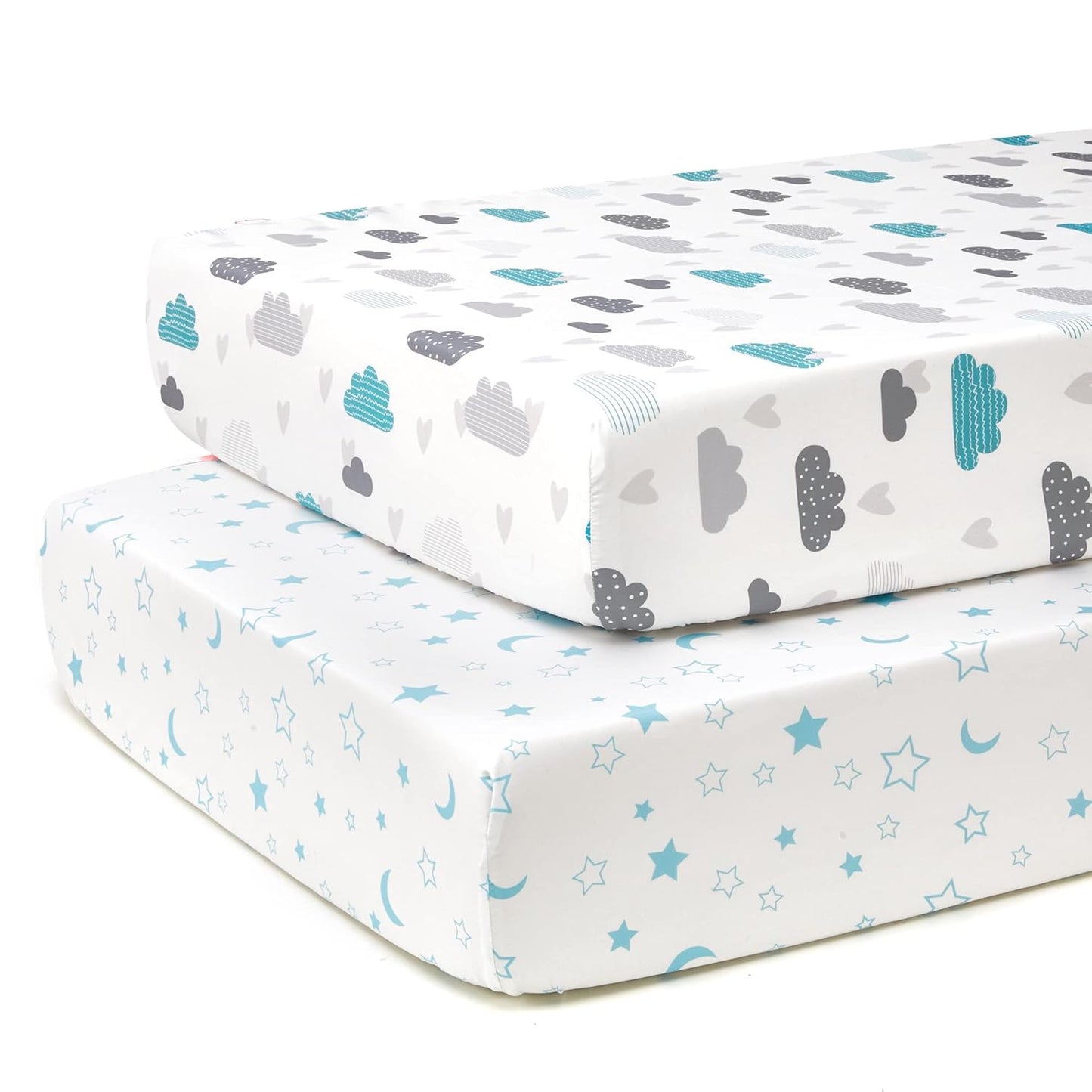 TILLYOU Baby Crib Sheets for Boys Girls, Super Soft Toddler Bed Sheets, 2 Pack Sheets for Standard Crib Mattress 28x52in, Blue Clouds and Stars
