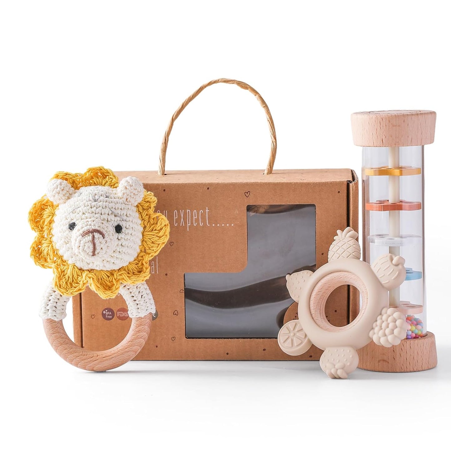 Youuys Wooden Baby Rattle Set (3pcs) - Crochet Rattle Rain Stick Teething Toys, Wooden Montessori Toy for Newborn Infant Baby Rattles Set Toys 3-6-12 Months(Lion)