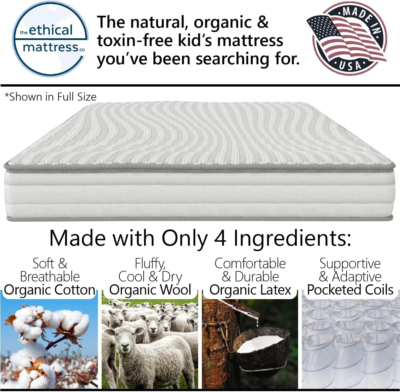 Ethical Mattress CO 6" Kid’s Mattress, Toxin-Free, Made in The USA with Organic Cotton, Wool, Latex & Pocketed Coils (Bed-in-a-Box); Perfect for bunk beds, trundles & Platform beds - Twin Size