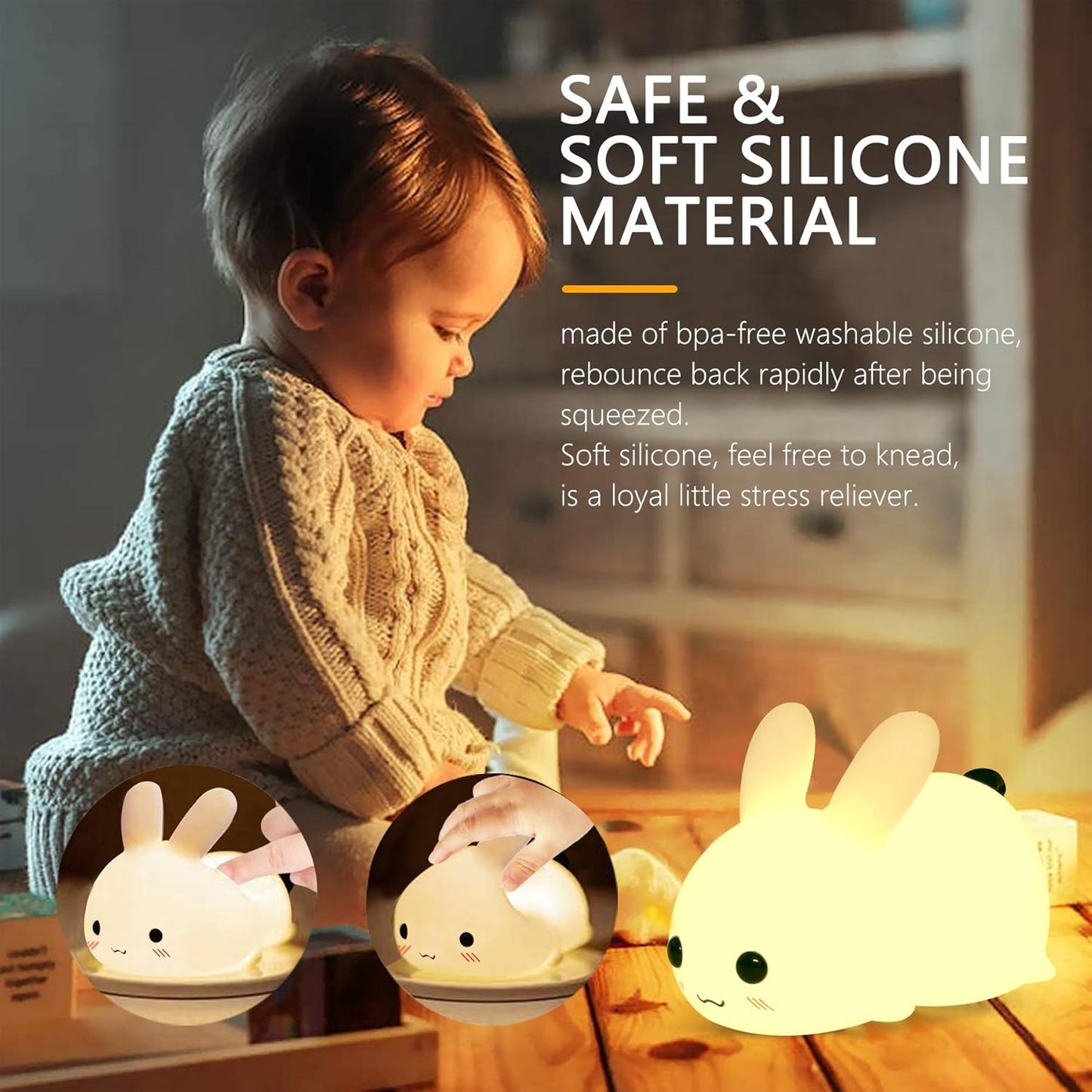 QANYI Kawaii Bunny Night Lights for Kids, 7 Color Light Silicone for Baby Nursery, Portable USB Rechargeable Bedside Lamp for Toddler's Room, Bunny Decor Kawaii Easter Gifts for Child and Teen Girls