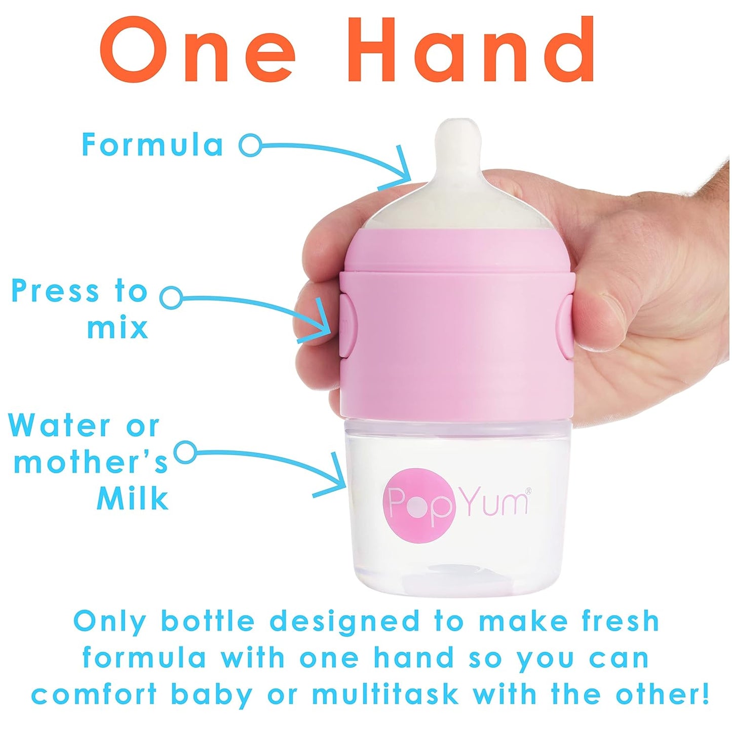 PopYum Pink Formula Making Baby Bottle Starter Set, 4-Pack, 2X 5oz Bottles with #1 Slow Flow Nipples + 2X 9oz Bottles with #2 Medium Flow Nipples, Mixing, Dispenser