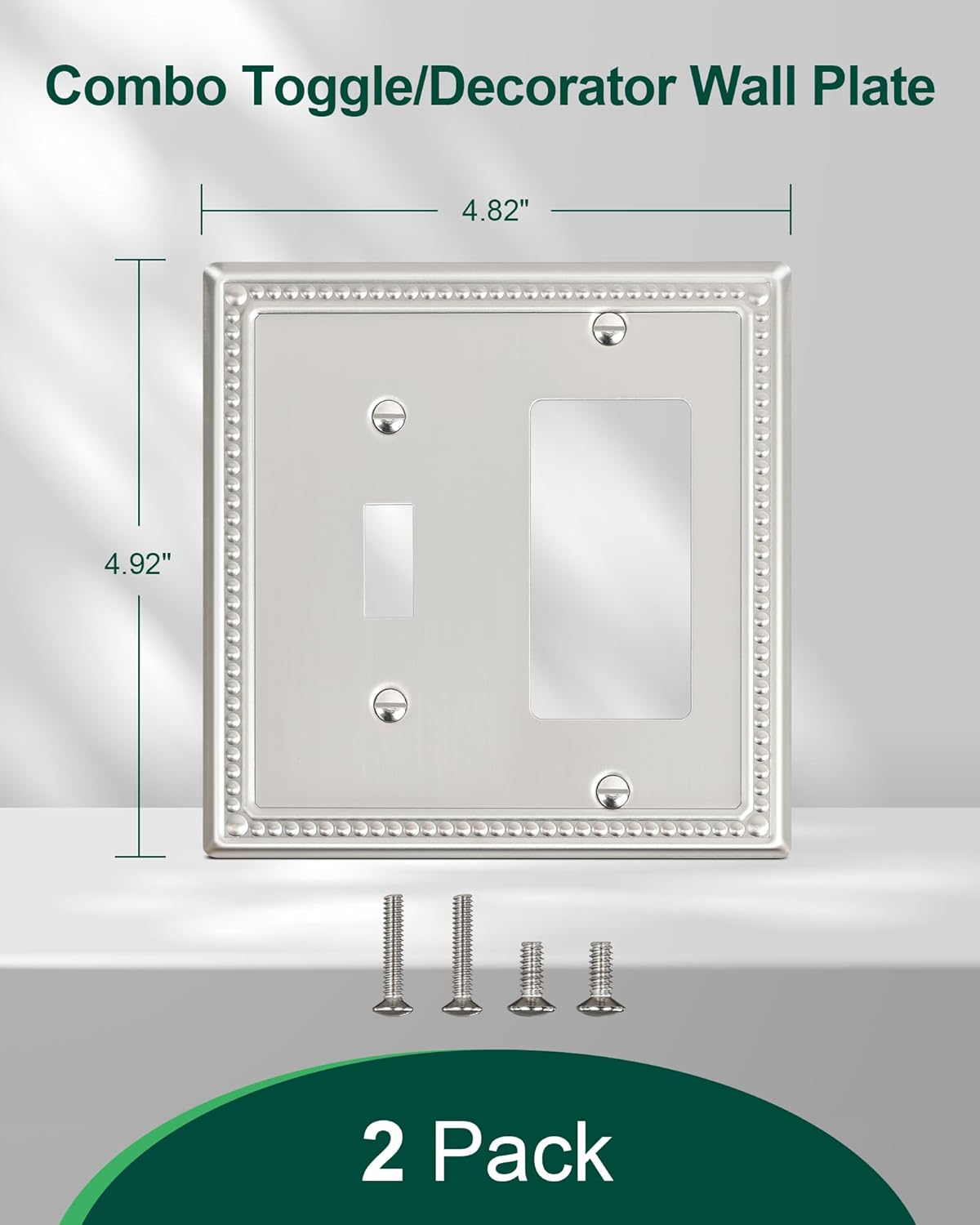 2-Pack Combo Toggle/Decorator Light Switch Cover Plate, Pearls Decorative Metal Wall Switch Plates and Outlet Covers, Brushed Nickel